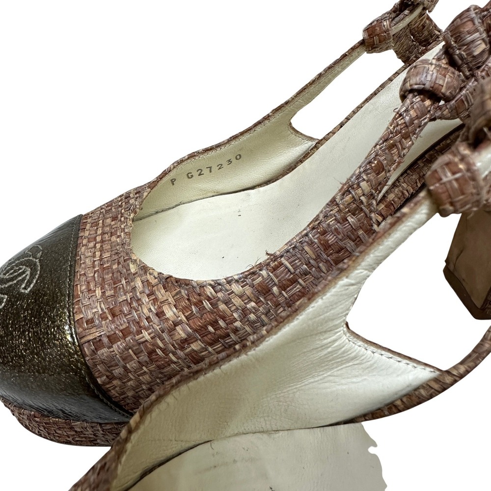 Chanel Tweed CC‎ Interlocking Bronze Raffia Slingback Platform Heels Cap Toe 37 - Picture 10 of 13